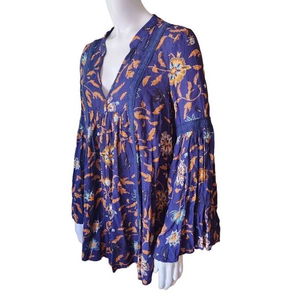 NWT I Joah Blue & Orange Floral Long Sleeve Blouse (S) - Picture 1 of 5